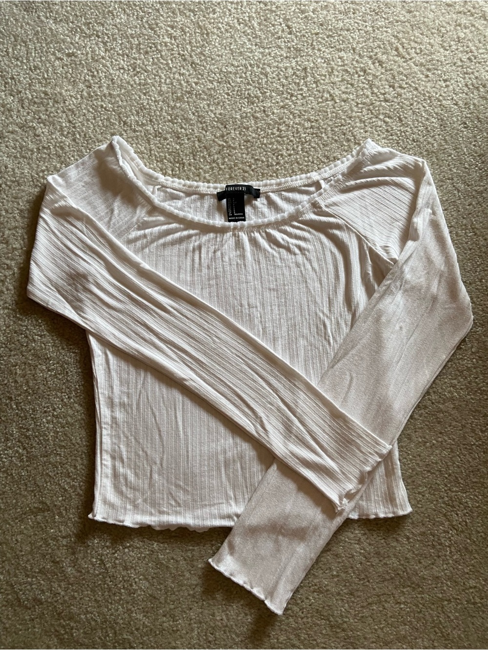 Forever 21 Off-White Ribbed Long Sleeve Cropped Top